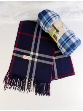 Double Sided Queen Size Plaid Flannel Blanket and Scarf Set (BL00132 + SF18158NAVY)
